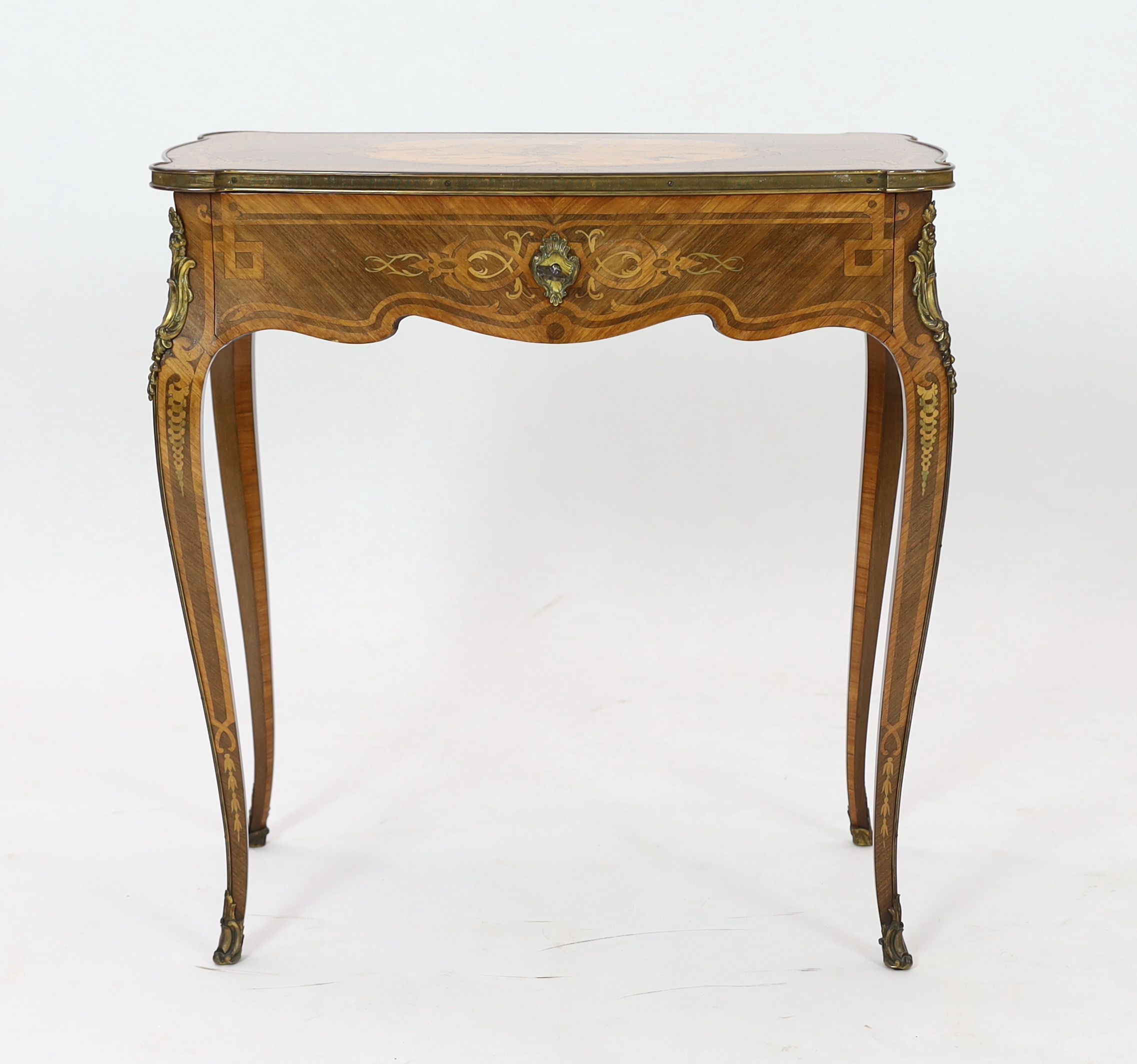 A Louis XV style marquetry side table, 66cm wide, 37cm deep, 68cm high, Please note this lot attracts an additional import tax of 5% on the hammer price